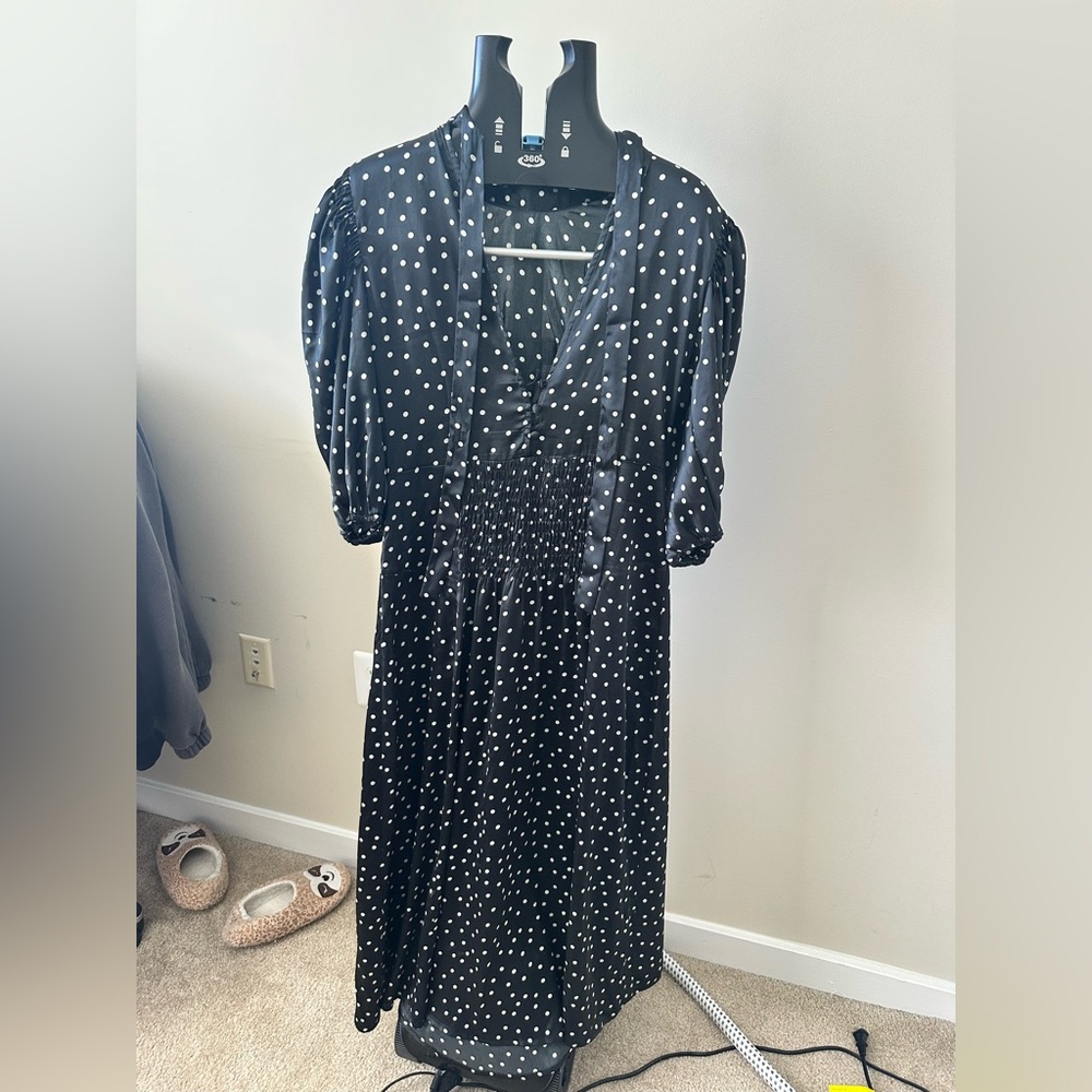 ASOS Black Polka Dot Puff Sleeve Midi Dress - Picture 5 of 8